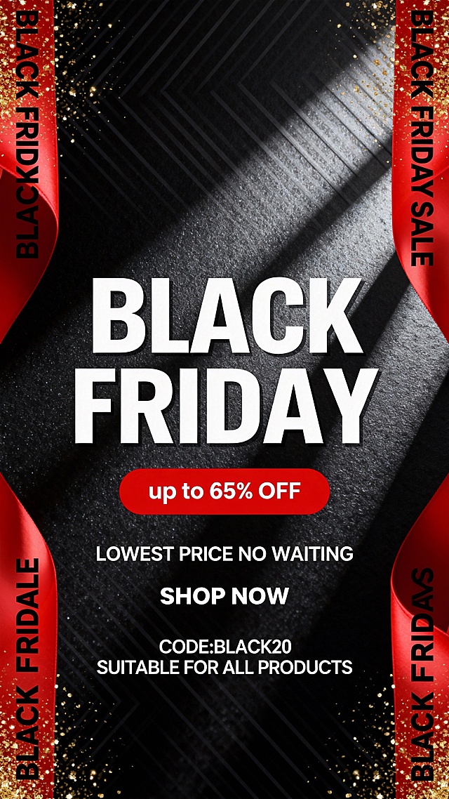 Black Friday促销海报，保持原风格统一性：黑色背景，红色与白色为主色调，金色闪光点缀，现代数字艺术风格，光影对比强烈，高光与阴影细节丰富，构图采用视觉层级设计，核心信息突出。文案内容不变："LOWEST PRICE NO WAITING"、"BLACK FRIDAY"、"up to 65% OFF"、"SHOP NOW"、"CODE:BLACK20"、"SUITABLE FOR ALL PRODUCTS"。排版设计维持原版式：粗体无衬线字体，大号"BLACK FRIDAY"标题位于中央，"65% OFF"红色按钮突出显示，文字与图像融合自然，信息传达高效。改变画面背景纹理为黑色磨砂质感，带有细微的斜纹线条图案，保留两侧红色"BLACK FRIDAY SALE"装饰带及金色闪光元素，保持整体设计感与促销氛围，适合横版1920x900和竖版1200x2000尺寸。