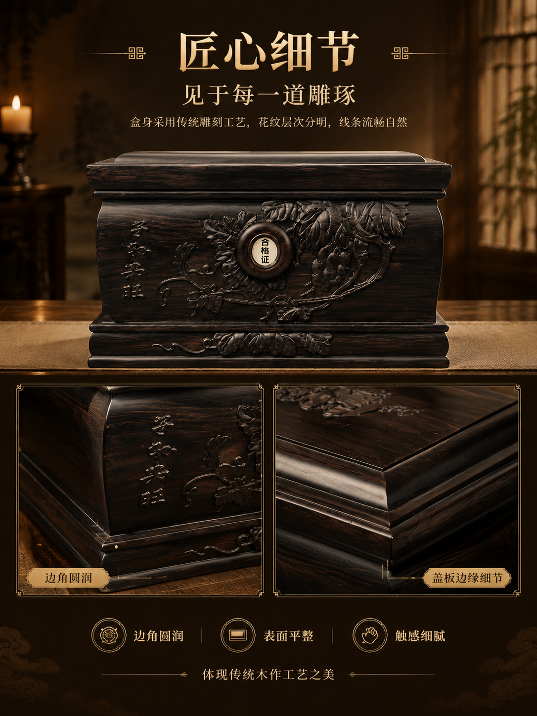 [商品] 使用【图5】【图6】黑檀木骨灰盒雕刻细节图；保留盒身… - 图片创意预览