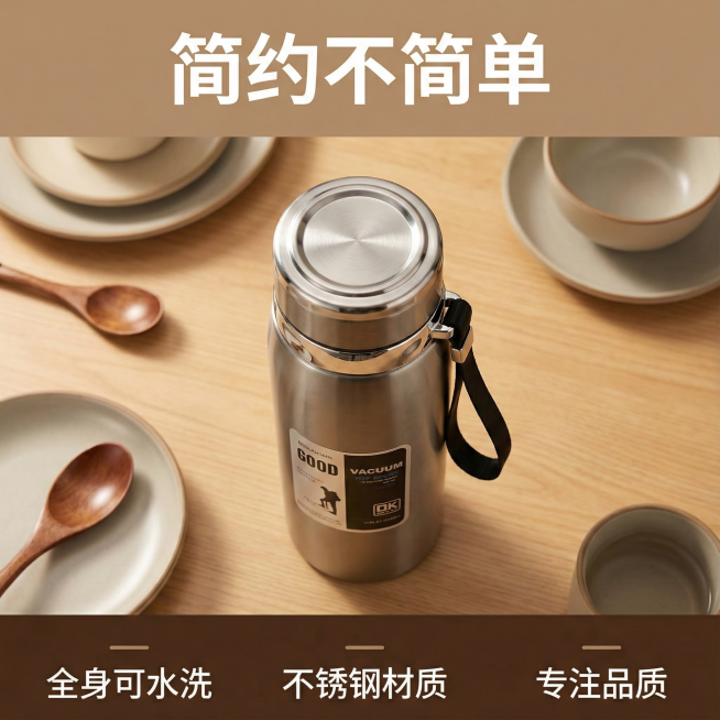 这张图片是产品主体这款产品是真空吊带壶  我需要设计20张主图在拼多多上面售卖   等背景元素 整体色调暖色，显得高级一些  主图文案内容 长效保温保冷 多种容量 不锈钢材质  圆润杯口 喝水更舒适预览效果