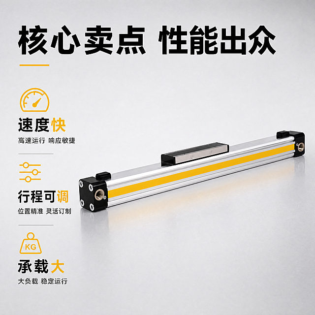 [主图-2] OSP无杆气缸核心性能卖点图。[氛围风格] 专业工业技术风，清晰参数展示。[画质] 商业摄影质感、光线柔和通透、产品清晰真实、画面干净高级。[元素] 保持OSP无杆气缸外观与输入产品图绝对一致，杜绝任何变形色差，精细化处理。气缸主体居中展示，左侧竖排核心参数卖点，右侧为产品大图，整体高信息密度排版。[光影] 均匀布光，产品每个面和参数文字都清晰可见，金属高光保留质感，无死黑阴影。[配色] 浅银灰背景，黑色主文字，核心卖点用黄色高亮突出，和气缸黄色装饰条呼应。[视角构图] 气缸整体平视展示，结构清晰，产品占比60%，文字区占比合理，整体满版构图。[文字版式] 顶部大标题写"核心卖点 性能出众"，左侧竖排三个卖点，每个卖点配图标：「速度快」高速运行响应敏捷，「行程可调」位置精准灵活订制，「承载大」大负载稳定运行，每个卖点大字标题在上，小字说明在下，左对齐，黄色图标搭配黑色文字对比清晰。[比例分辨率] 1:1比例，4k分辨率，文字清晰锐利，超高清。[负向提示词] 变形，水印，文字错乱，产品模糊，背景杂乱，信息层级不清。