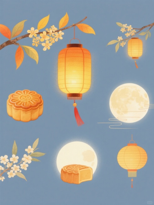 一套9张的系列素材集合，每张均为规整排布的单一元素图案，保持简约现代风格，纯色背景，无文字无logo无水印。第一张：两只橙黄色传统宫灯悬挂于带有橙黄渐变叶片的树枝下，灯笼透出暖黄色光芒，底部有红色流苏，整体呈现柔和的水彩质感与平滑过渡光影，营造温馨明亮的中秋氛围。第二张：将灯笼与桂花元素结合，以同样的水彩风格和暖色调，展现桂花簇拥灯笼的规整图案。第三张：以中秋月饼为单一主体元素，保留相同的简约……预览效果