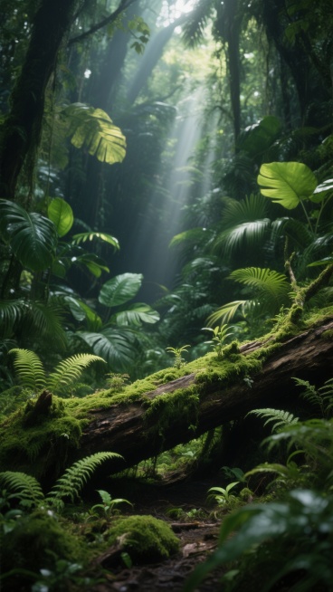 超写实风格森林背景，画面中央及前景为覆盖着鲜绿色苔藓的粗壮枯木横卧，周围点缀小型蕨类植物与低矮绿植，中景是茂密的各类热带阔叶植物与蕨类，叶片呈现深绿、翠绿及嫩黄绿的丰富层次，背景为深邃幽暗的树林，顶部有明亮的阳光透过枝叶缝隙洒下，形成斑驳的光束与柔和的光晕，整体光影对比鲜明，色彩以不同深浅的绿色为主调，营造出神秘而生机勃勃的热带雨林氛围，细节丰富，质感细腻，具有强烈的自然真实感和深度空间感。预览效果