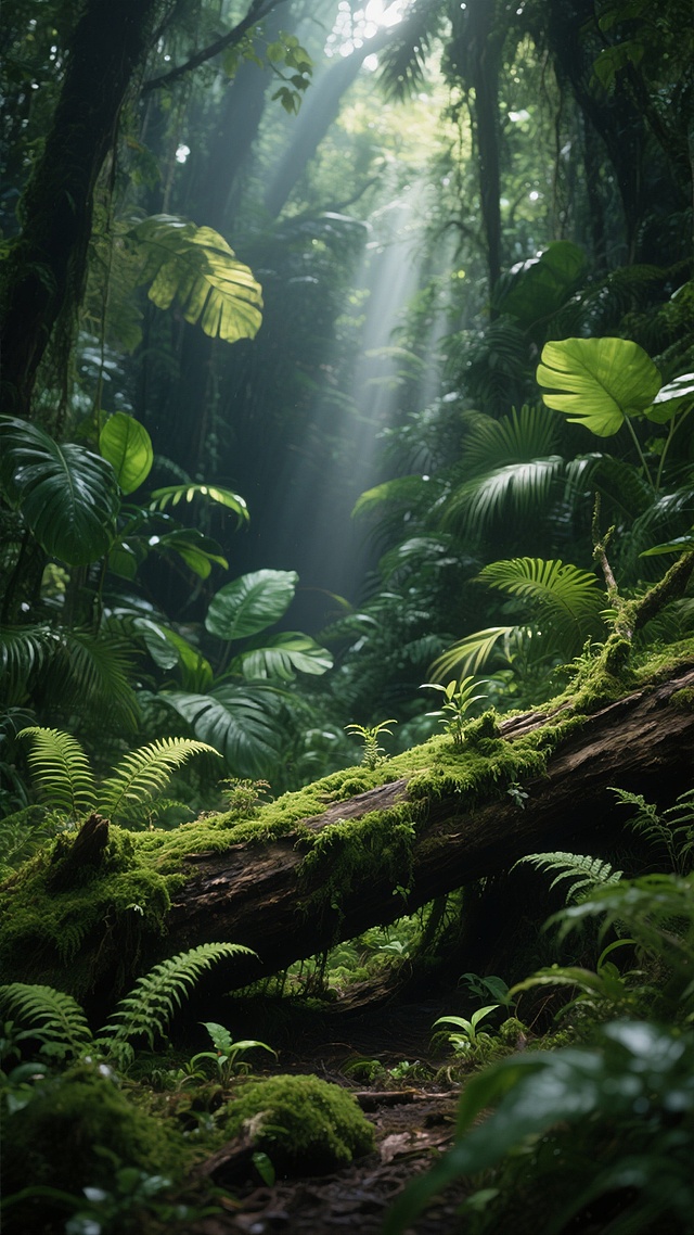 超写实风格森林背景，画面中央及前景为覆盖着鲜绿色苔藓的粗壮枯木横卧，周围点缀小型蕨类植物与低矮绿植，中景是茂密的各类热带阔叶植物与蕨类，叶片呈现深绿、翠绿及嫩黄绿的丰富层次，背景为深邃幽暗的树林，顶部有明亮的阳光透过枝叶缝隙洒下，形成斑驳的光束与柔和的光晕，整体光影对比鲜明，色彩以不同深浅的绿色为主调，营造出神秘而生机勃勃的热带雨林氛围，细节丰富，质感细腻，具有强烈的自然真实感和深度空间感。