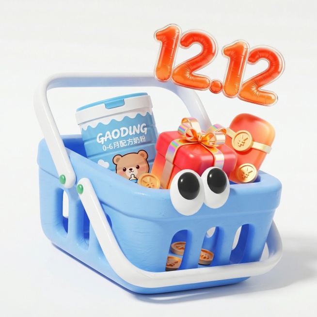 将参考图的其他元素都放到参考图的购物篮里融合成一个新的3D素材，白色背景，图片比例1:1。预览效果