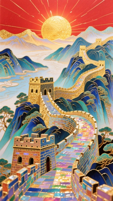 长城+山河，国庆喜庆氛围，红色背景，看日出预览效果