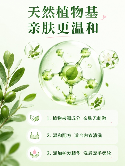 [第3屏] 天然植物基成分解析，讲解亲肤无刺激特点。本屏不需要产品主体，聚焦成分展示。
[氛围/风格] 专业成分科普风，浅绿清新底色，自然干净质感。
[元素布局] 顶部主标题，中间大区域展示天然植物基预览效果