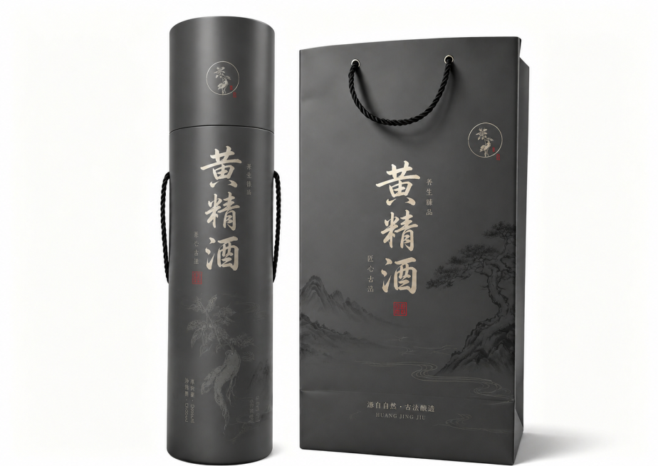 为黄精酒设计高端国风外包装，在现有桶型包装和手提袋上添加传统中式纹样和"黄精酒"书法字体，突出养生酒质感，保持深灰色高级质感，整体设计简约大气预览效果