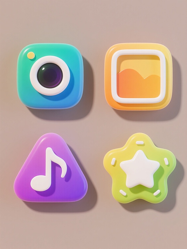 4个同系列3D图标规整排布于纯色背景，保持圆润立体造型与光滑曲面质感，采用不同整体色彩方案：第一个为蓝绿色渐变带白色高光的圆形相机图标，第二个为橙黄色渐变带白色高光的方形相册图标，第三个为紫红色渐变带白色高光的三角形音符图标，第四个为黄绿色渐变带白色高光的星形设置图标，所有图标均有统一的柔和阴影与光泽感，整体呈现现代简约的设计风格。