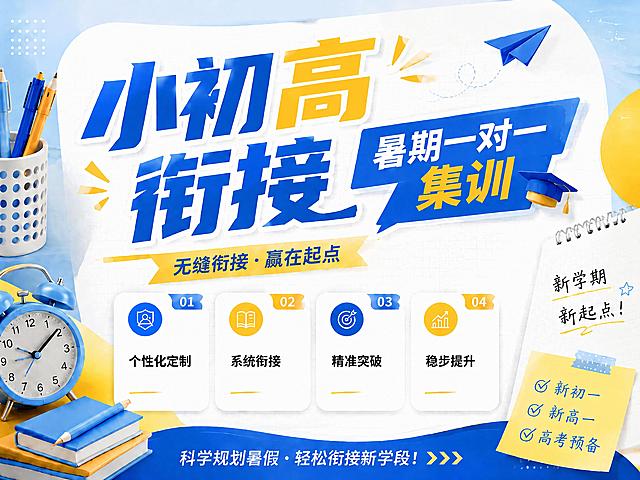 基于原图修改，仅将右下角便签里的"小升初"改成"新初一"，"初升高"改成"新高一"，保持原图蓝黄文具风、4:3比例、布局和其他所有文案内容完全不变，画面清晰，突出修改后的文案，版式精美