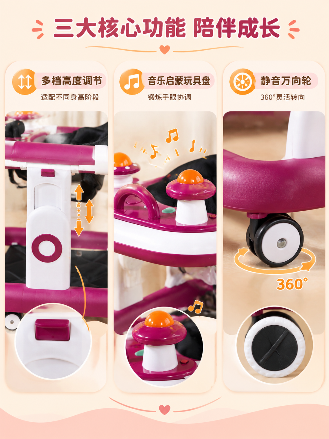 [商品] 使用【图1】玫红色多功能婴儿学步车+【图3】侧面高度… - 图片创意预览