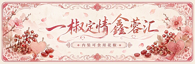 设计一款浪漫国潮风的小标签，尺寸比例为6.5:2的横版长方形标签。主标题为柔美书法字体的"一椒定情鑫蓉汇"，副标题为小字"内装可食用花椒"。整体风格：浪漫国风，以豆沙粉、胭脂红和米白色为主色调，温柔雅致。边框用精致的缠枝花纹和桃花/梅花纹样装饰，左右两侧点缀花椒果实与红豆、心形元素的组合插画，呼应"定情"主题。背景为淡雅的宣纸纹理，带有淡淡的花瓣飘落氛围感。中间标题文字飘逸柔美，带有一丝仙气。排版精致浪漫，适合作为定情信物般的小瓶标签，温柔又有东方韵味。