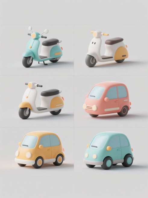 6个交通工具（包含电动车）以规整网格状排布在纯色背景上，整体采用简约现代的3D卡通风格，造型圆润可爱，色彩明快且过渡平滑，具有柔和的高光和阴影表现，无任何文字、logo及水印。预览效果