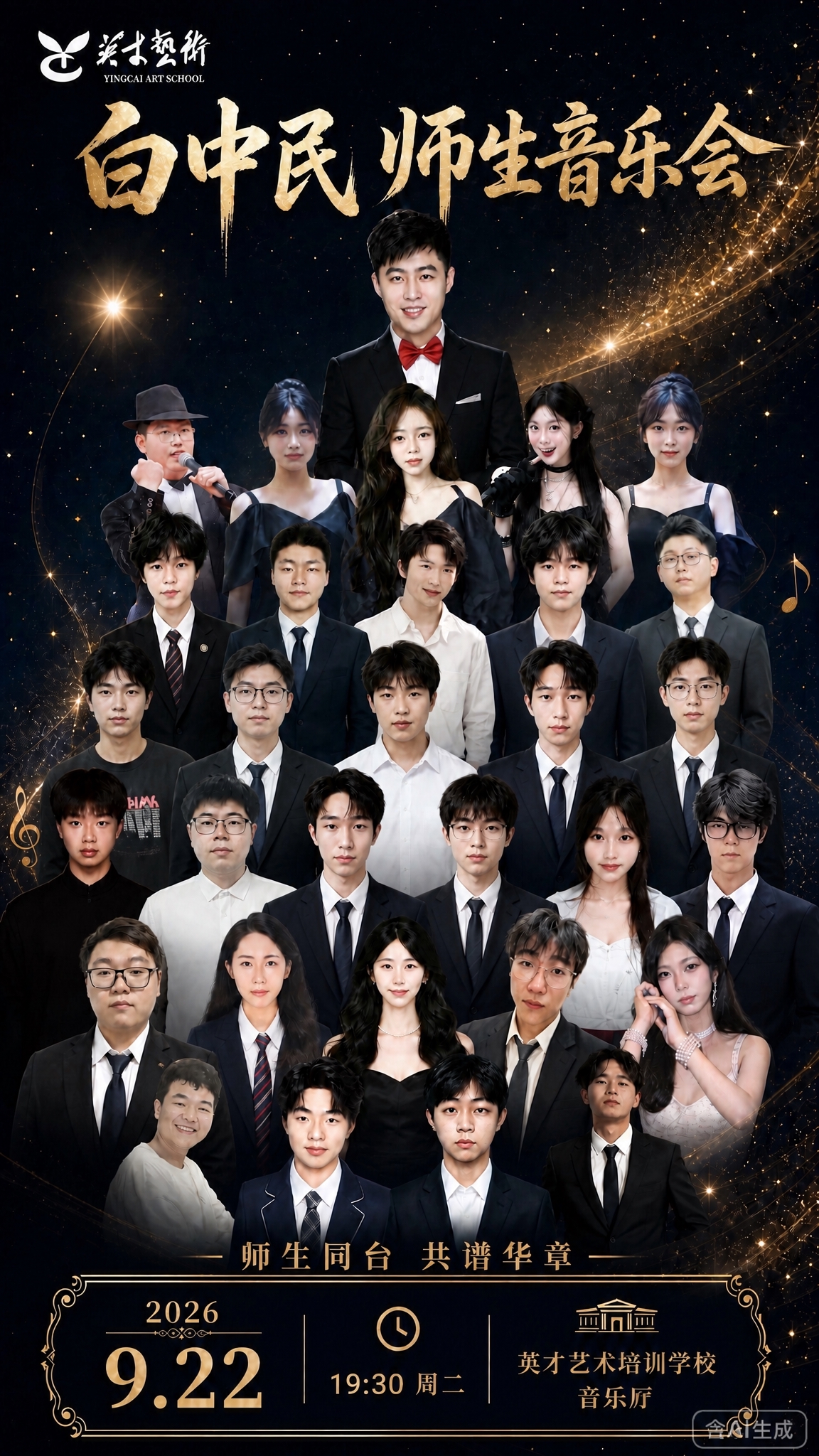 去掉图中第三排第二个和第三排第五个人物，然后重新排版所有人物站… - 图片创意预览