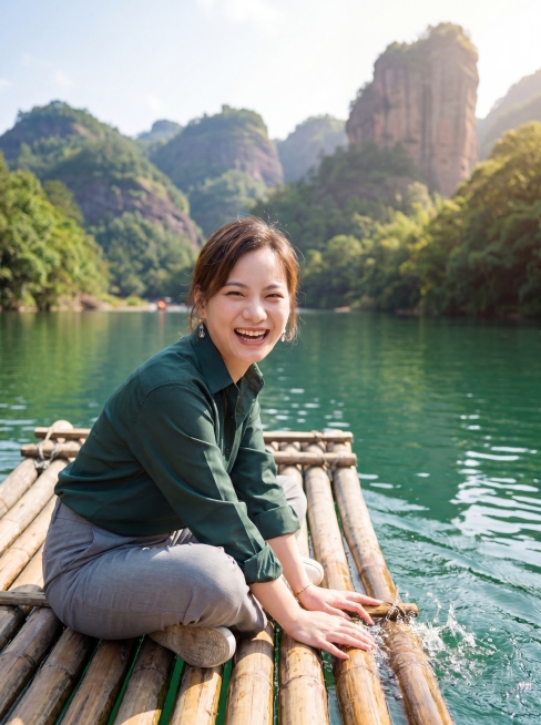 重新生成女生欢乐坐武夷山竹排的户外写真，保留参考图人物脸型、五官和年龄特征，保留深绿色衬衫和灰色裤子，保持欢乐开心的大笑表情，武夷山九曲溪丹霞青山绿水背景，自然清新阳光风格，真实高清人像，分辨率4k，预览效果