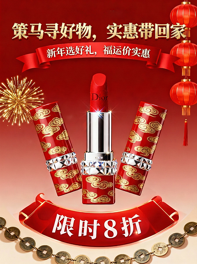 国潮风与鎏金风融合，重拟物设计呈现奢华质感，金属光泽唇膏搭配祥云纹饰，喜庆红金配色烘托新年氛围，时尚感十足的节日限定礼遇。