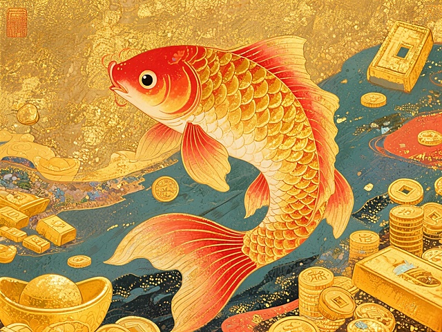 我想生成一个好运锦鲤的IP形象、背景中要有元宝、黄金、背景整体为金色