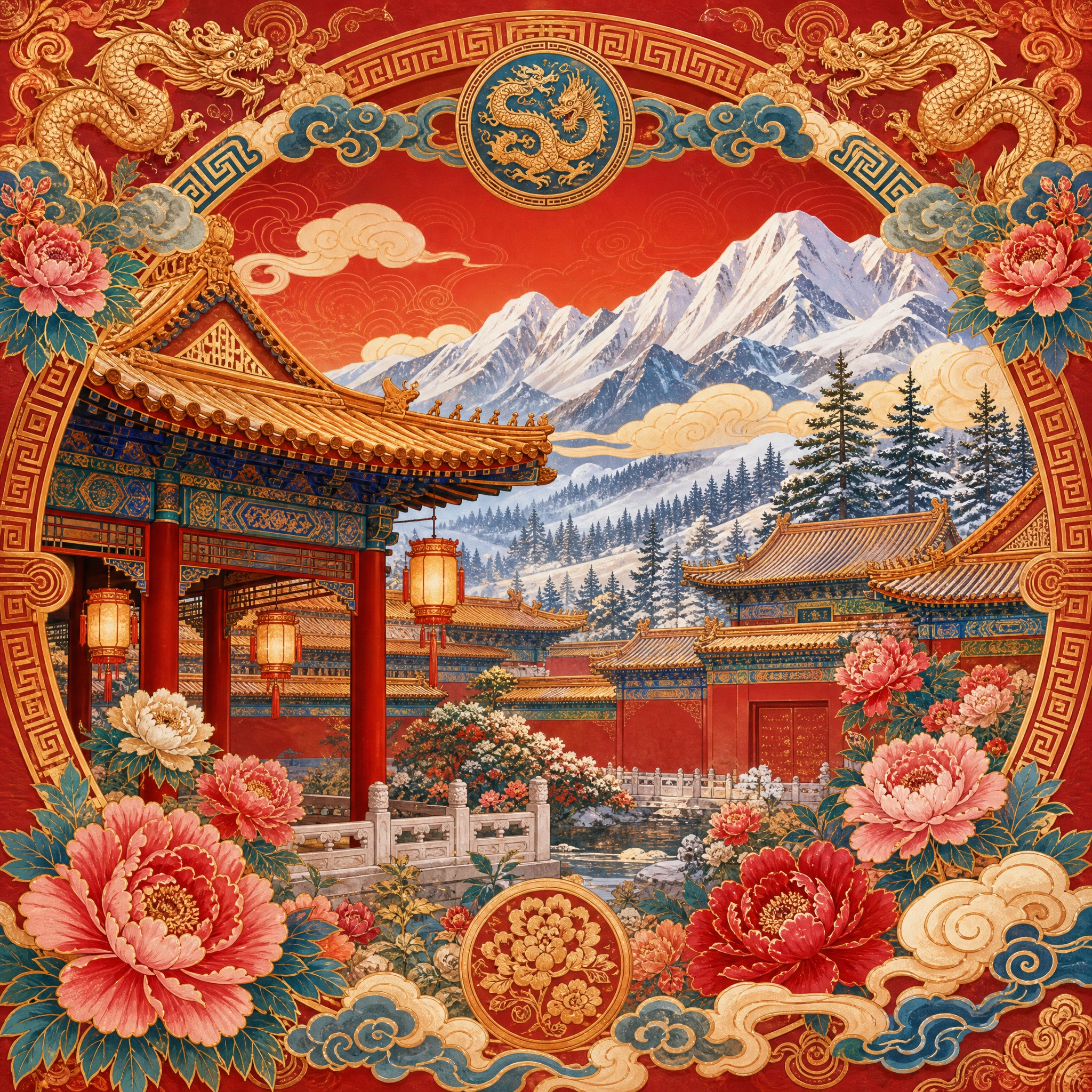 国潮风景插画，满族主题，沈阳故宫红墙金瓦，飞檐翘角的宫殿建筑群… - 图片创意预览