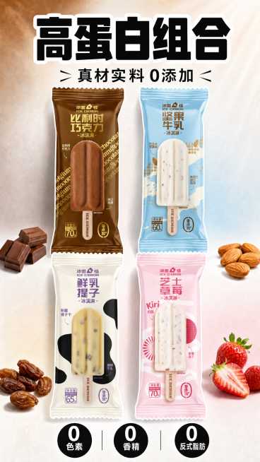 将原海报右上角的坚果纯乳包装替换为新的坚果牛乳包装（参考提供的样式），并将左下方错误的鲜乳提子包装替换为正确的鲜乳提子包装（参考提供的正确样式），保持原海报整体布局、背景、文案以及比利时巧克力、芝士草预览效果
