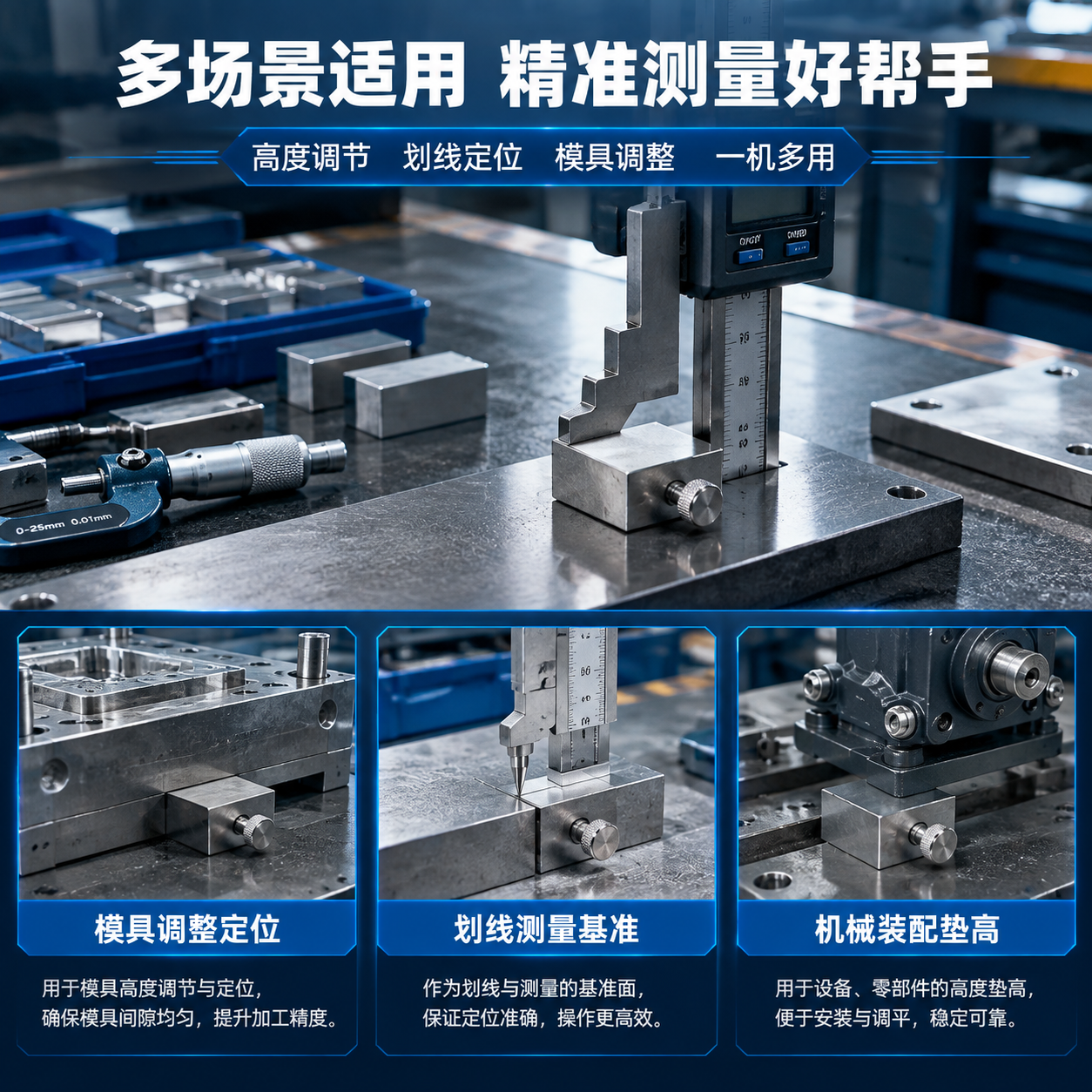 [主图-4] 场景适用与操作图，展示高度规垫规在精密测量、模具… - 图片创意预览