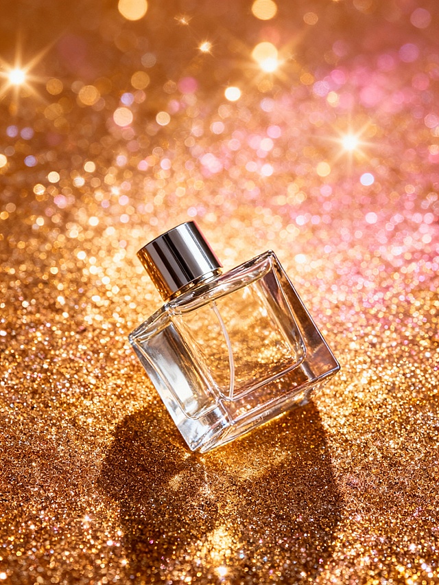 璀璨华丽美妆商业摄影风格，奢华闪耀的调性，画面整体采用金、粉、暖棕的高光泽色系配色，暖调璀璨的星芒光影（含散景光斑效果）；采用轻微俯视拍摄平铺的主体；场景为满铺金色闪粉的背景，搭配散景光斑与星芒光效；主体位于画面中下部区域，呈轻微倾斜的并列状态摆放，占画面约 30% 比例，放置在金色闪粉背景载体的表面；暖调高光布光凸显主体的金属光泽与透明质感，强化璀璨华丽的美妆产品氛围。