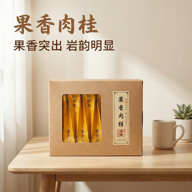 [主图 1] 果香肉桂茶叶产品首图，氛围为自然温馨的居家办公风格，画面元素：原包装果香肉桂茶叶礼盒放在浅原木办公桌面上，背景为柔和米色墙面，右侧点缀浅色马克杯与小型绿植，柔和自然光从左侧射入，整体清新预览效果
