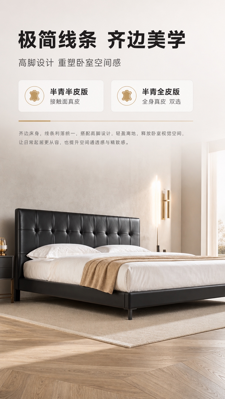 [商品] 使用【图1】黑色高脚齐边皮床；保留床头拉点软包、齐边… - 图片创意预览