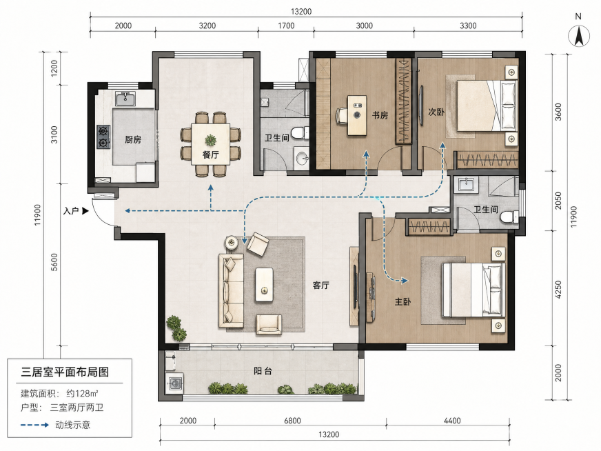 一套现代三居室家装平面布局效果图，清晰标注各个功能分区：客厅、餐厅、主卧、次卧、书房、厨房、卫生间、阳台，动线合理，平面户型图，简洁专业的工程制图风格预览效果