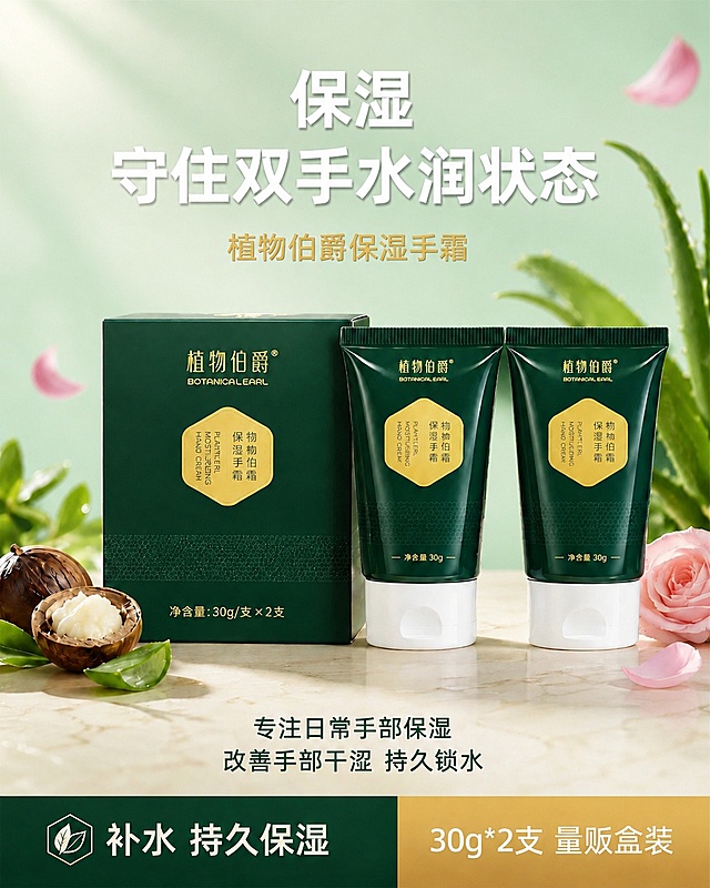 将整张详情图的背景底色统一替换为浅薄荷绿渐变柔焦风格，背景为柔和的薄荷绿色渐变（从浅薄荷绿到更浅的薄荷绿过渡），带有柔焦朦胧质感。画面中的所有产品（手霜管、包装盒）、文字内容、芦荟植物、乳木果、玫瑰花瓣、大理石台面、底部信息条等所有前景元素均保持原样不变，位置、大小、颜色、文字内容完全一致，仅替换背景底色。产品和文字清晰锐利，背景柔焦朦胧。