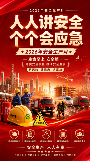2026年安全生产月主题宣传海报，包含醒目标题"人人讲安全 个个会应急"，整体风格庄重正式，融入安全标语、生产场景元素，红色为主色调，2026预览效果