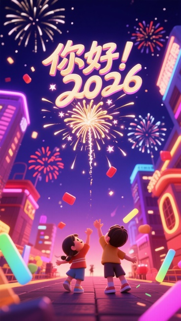 深邃蓝紫渐变夜空，中央金色主烟花绽放并带有光轨，点缀银红色小烟花，地面可见霓虹灯城市夜景，有抬头看烟花欢呼的孩童，大大的主题字“你好，2026”呈现彩色荧光棒风格，画面中星光点缀预览效果