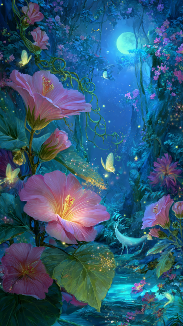 以超高清画质呈现，画面细节清晰可见，笔触细腻，色彩鲜艳且层次丰富，每个元素都精致无比，整体画面如同高精度的艺术品，清晰锐利，毫无模糊之感，巨大的花朵，梦幻丛林，茂密植物，紫荆花，各种奇异花朵，大叶植物预览效果