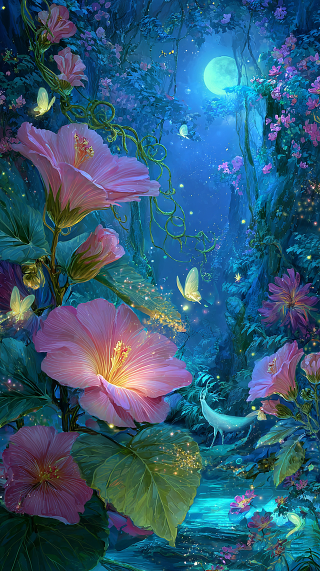 以超高清画质呈现，画面细节清晰可见，笔触细腻，色彩鲜艳且层次丰富，每个元素都精致无比，整体画面如同高精度的艺术品，清晰锐利，毫无模糊之感，巨大的花朵，梦幻丛林，茂密植物，紫荆花，各种奇异花朵，大叶植物，发光的叶子，发光的花朵，小精灵，古藤，藤蔓，小灯笼，蓝色水泡泡，白色水泡泡，金色光点，满月，蓝色发光蝴蝶，白鹿，夜色。