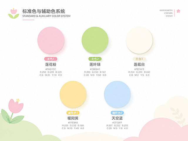 幼儿园VI设计之标准色与辅助色系统展示图。画面展示一组马卡龙色系的色彩方案，包含：主色1清新柔粉色（莲花粉）、主色2嫩草绿色（莲叶绿）、主色3米白色（莲蕊白）、辅助色1浅鹅黄色（暖阳黄）、辅助色2淡蓝色（天空蓝）。每个颜色以圆形色块呈现，旁边标注色值占位符和颜色名称。整体排版简洁专业，白底，柔和光影，设计感强。色彩柔和护眼，适合幼儿园品牌。VI设计手册风格