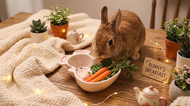 Cute rabbit eating with this rabbit-shaped ceramic bowl, keep the bowl's main features, warm and cozy scene, English text