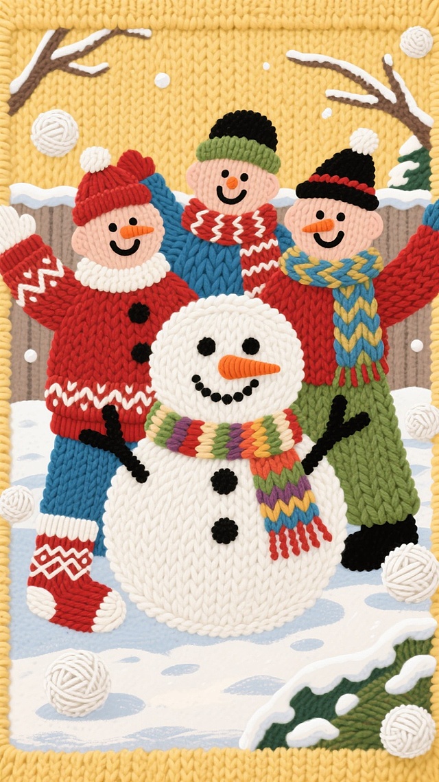 几个造雪人伙伴的人物开心协作姿势站在庭院雪景图上，边缘随机散布雪球、围巾、圣诞袜，暖黄色背景