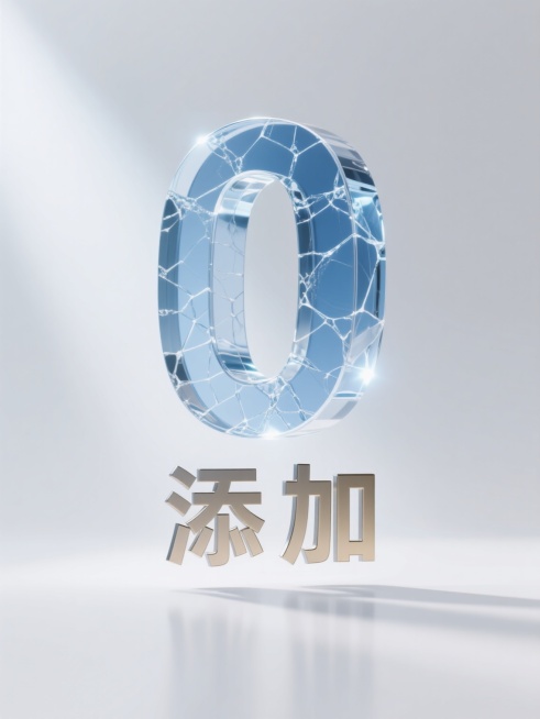 极简构图，悬浮在极致纯净的象牙白背景中央的巨大立体"0"字采用航天级透明钛合金材质，表面呈现出冰裂纹理的精密分子结构，75度倾斜角切割的边缘折射出冷调的普鲁士蓝光晕，底部两个磨砂质感的无衬线"添加"汉字以黄金分割比例悬浮，整体被一束来自左上方45度的量子蓝光精准照亮，在下方投射出几何精确的渐变阴影，材质通透度达到99.9%，数字边缘有0.1mm的纳米级反光金属包边，画面保持绝对干净，仅通过光线……预览效果