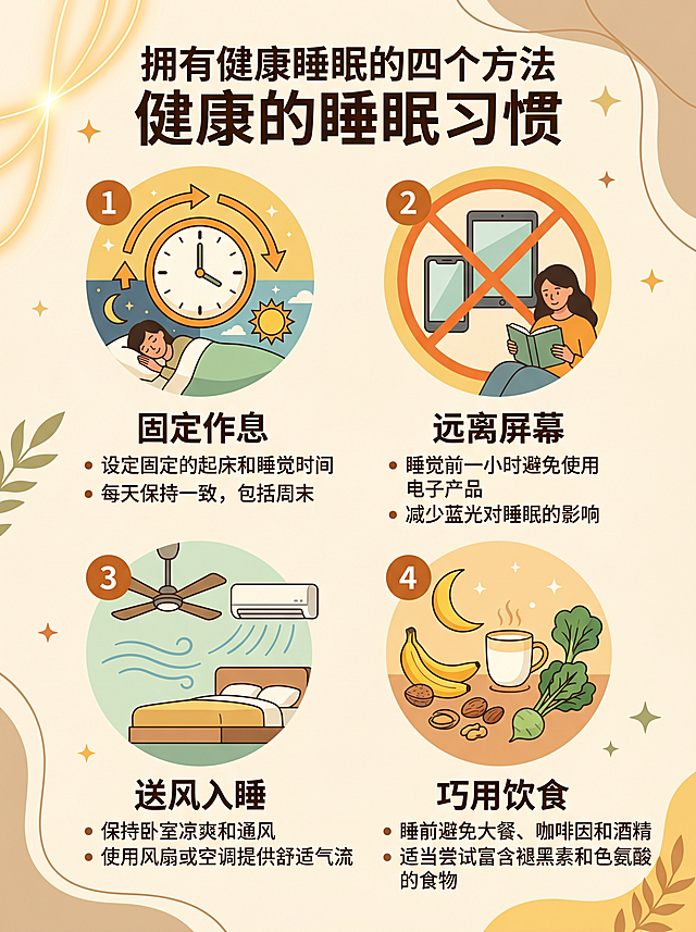 信息图表风格，四个圆形图标排列成一横行，分别代表“固定作息”“远离屏幕”“送风入睡”“巧用饮食”，每个圆形图标下方标注对应的方法要点文字，整体采用暖色调，风格简洁现代