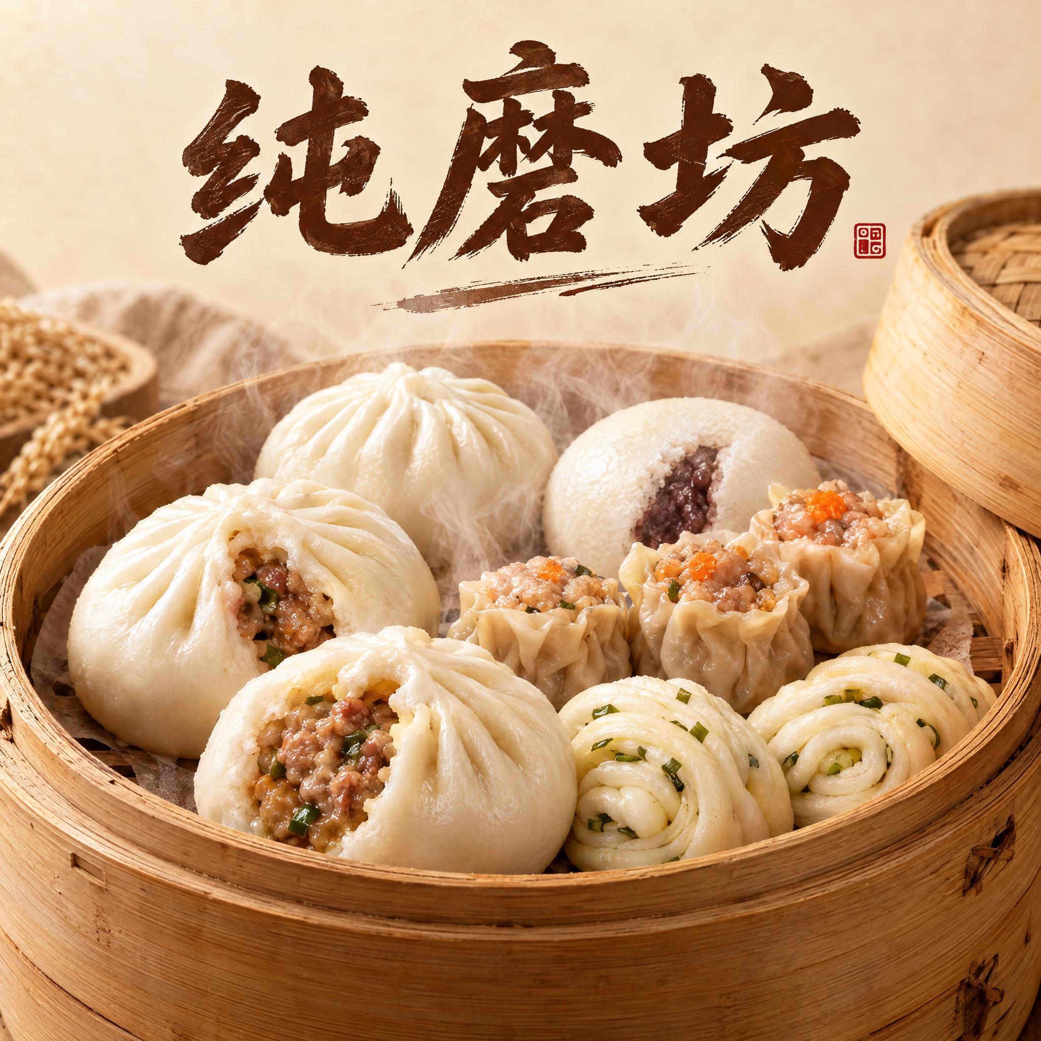 写实食欲风品牌头像设计，正方形构图，中央是一笼热气腾腾的中式早… - 图片创意预览