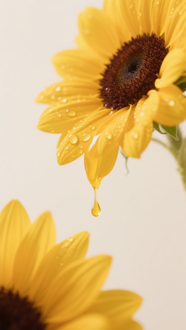 高清摄影风格，特写镜头下的向日葵，明亮饱满的黄色花瓣，深棕色的花盘，花瓣上挂着晶莹剔透的水珠，一滴金黄色的液体正从花瓣尖端滴落，背景为干净柔和的米白色，光线明亮柔和，突出向日葵的清新质感和自然光泽，整体画面简洁干净，适合作为背景素材，构图注重花卉的细节表现和空间留白，营造出纯净、自然、阳光的氛围。预览效果