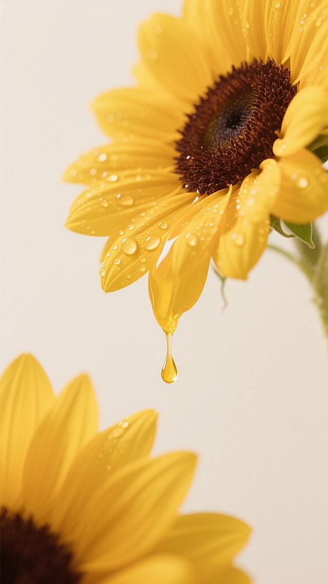 高清摄影风格，特写镜头下的向日葵，明亮饱满的黄色花瓣，深棕色的花盘，花瓣上挂着晶莹剔透的水珠，一滴金黄色的液体正从花瓣尖端滴落，背景为干净柔和的米白色，光线明亮柔和，突出向日葵的清新质感和自然光泽，整体画面简洁干净，适合作为背景素材，构图注重花卉的细节表现和空间留白，营造出纯净、自然、阳光的氛围。