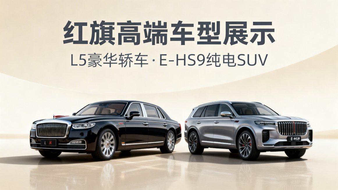 PPT页面，展示红旗汽车，呈现L5豪华轿车与E-HS9纯电SUV，体现高端品牌调性，商务专业风格，高清画质预览效果