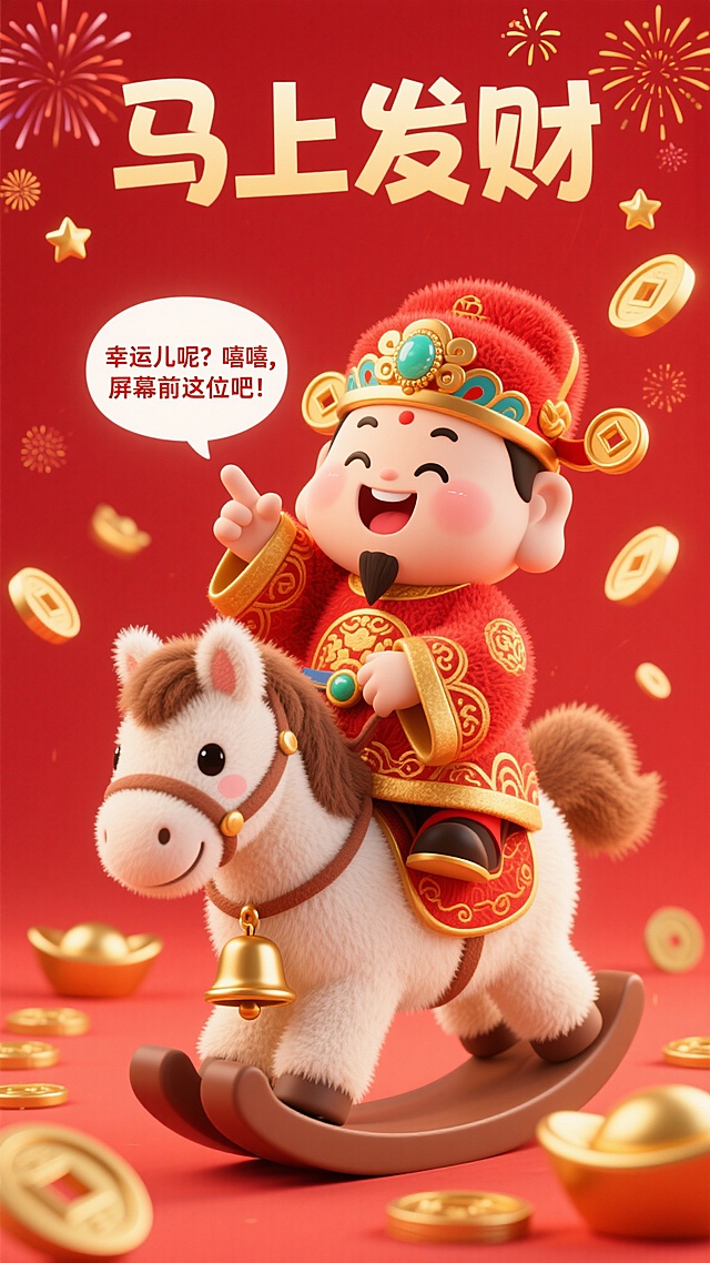 软3D国潮风，卡通财神骑摇马，毛发生长质感，鎏金元素点缀，喜庆红底配烟花与金币，传递春节“马上发财”祝福。
