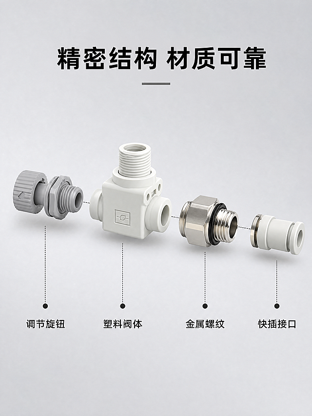 [第6屏] 结构材质解析-气动节流阀接头爆炸结构展示。
[氛围/风格] 专业工业解析风，浅灰色调，结构清晰。
[元素布局] 将接头拆解为调节旋钮、塑料阀体、金属螺纹、快插接口四个部件，爆炸式排列在浅灰色背景上，每个部件保持原有材质颜色和结构，左上角不放置任何品牌文字。页面顶部主标题，底部标注每个部件名称。
[光影质感] 均匀布光，每个部件轮廓清晰，材质纹理表现充分。
[配色色系] 浅灰背景，白色塑料，金属银色，灰色旋钮，黑色文字。
[视角构图] 爆炸排列，每个部件都完整展示，结构关系明确。
[文字版式] 顶部大标题写"精密结构 材质可靠"，每个部件下方标注名称，文字清晰不遮挡部件。
[比例分辨率] 3:4 比例，4K分辨率。
[负向提示词] 部件变形，文字错乱，金大昌机电，结构错乱