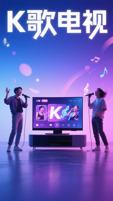 现代风格K歌海报，中央是一台时尚设计的电视，屏幕亮着动感的K歌界面，电视两侧各站一人，手持麦克风，姿态投入地对着电视歌唱，人物表情愉悦，充满活力，背景为渐变的蓝紫色调，点缀动感光斑和音符元素，上方中央预览效果