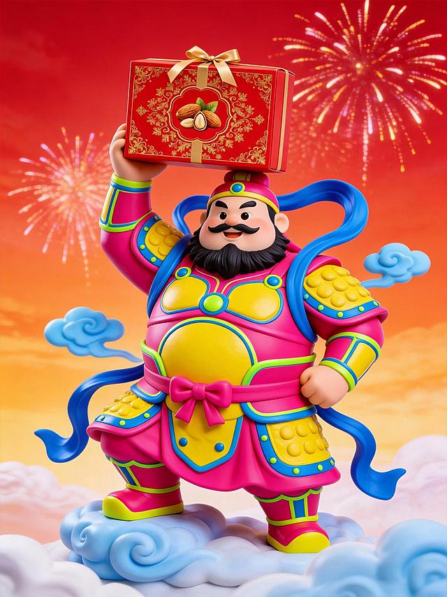 一个高精度3D渲染的卡通武将角色模型，风格为新中式设计师玩具或塑胶粘土风格。角色体型圆润敦实，留有浓密的黑色络腮胡须。手里举着参考图。武将全身的盔甲和服饰采用了极为大胆的荧光粉红色和鲜黄色进行撞色设计。盔甲的主体是粉红色，而护甲片、护肩和裙甲等凸起部分为圆润饱满的鲜黄色粘土质感，边缘点缀着宝蓝色和荧光绿色的装饰线条和圆点。腰部系着一个大大的粉红色蝴蝶结腰带。角色身上和周围环绕着立体塑胶质感的宝蓝色飘带，以及几朵漂浮的浅蓝色粘土祥云，营造出动态和神话氛围。背景是红橙相间的渐变色，天空中烟花绽放，站在云朵上。