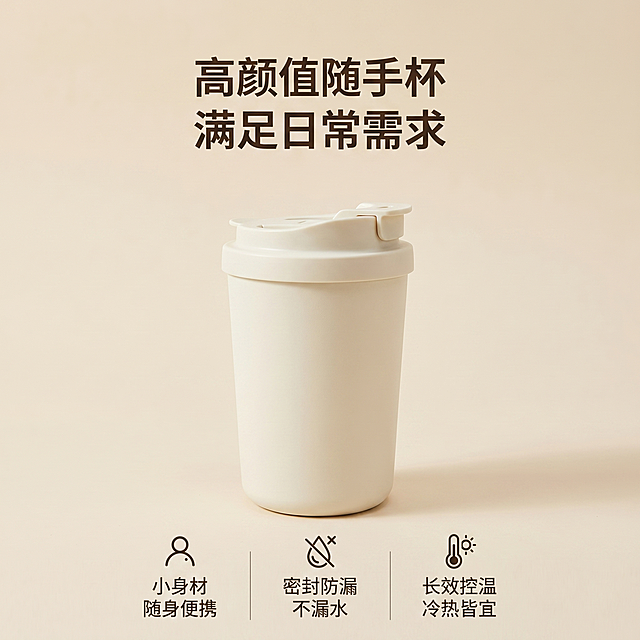 [主图-5] 保温杯规格卖点总结展示
[氛围风格] 干净通透，简洁总结，治愈风
[画质] 商业摄影质感，光线柔和通透，产品清晰真实，画面干净高级
[元素] 米白色保温杯居中放置，周围清晰排列三个核心卖点，每个卖点搭配简约图标。保持保温杯外观（物理结构、材质质感、颜色）与输入产品图绝对一致，杜绝任何变形和色差，精细化处理。商品主体占比约60%。
[光影] 均匀柔和光线，整体明亮通透
[配色] 浅米白背景，整体干净协调
[视角构图] 居中对称构图，稳重大方
[文字版式] 产品上方标题“高颜值随手杯 满足日常需求”，产品下方分三列展示三个核心卖点：1 小身材 随身便携；2 密封防漏 不漏水；3 长效控温 冷热皆宜。每个卖点配简约小图标，文字清晰易读，排版整齐，不遮挡产品。
[比例分辨率] 1:1比例，2k分辨率，文字清晰可辨，超高清
[负向提示词] 变形，水印，文字错乱，产品图模糊，背景杂乱