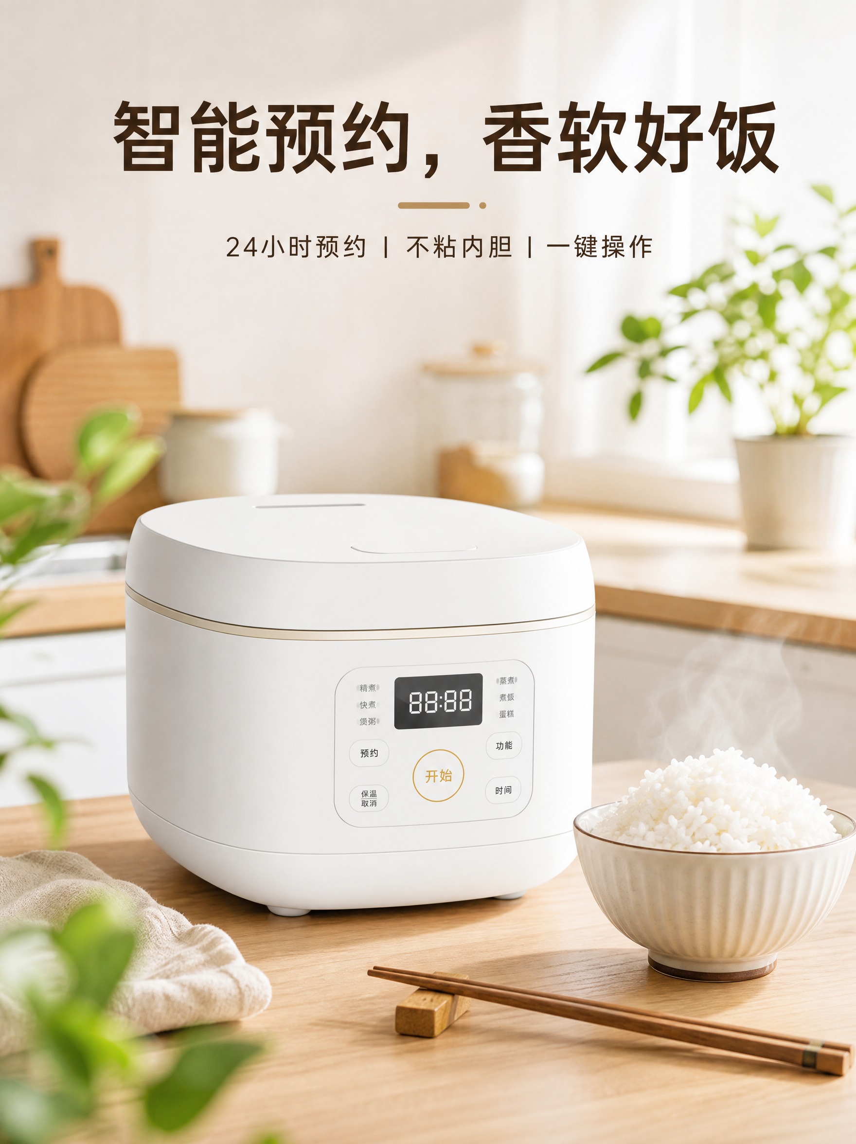 现代简约风格的电饭煲电商海报，主色调为白色和浅木色，营造温馨家… - 图片创意预览