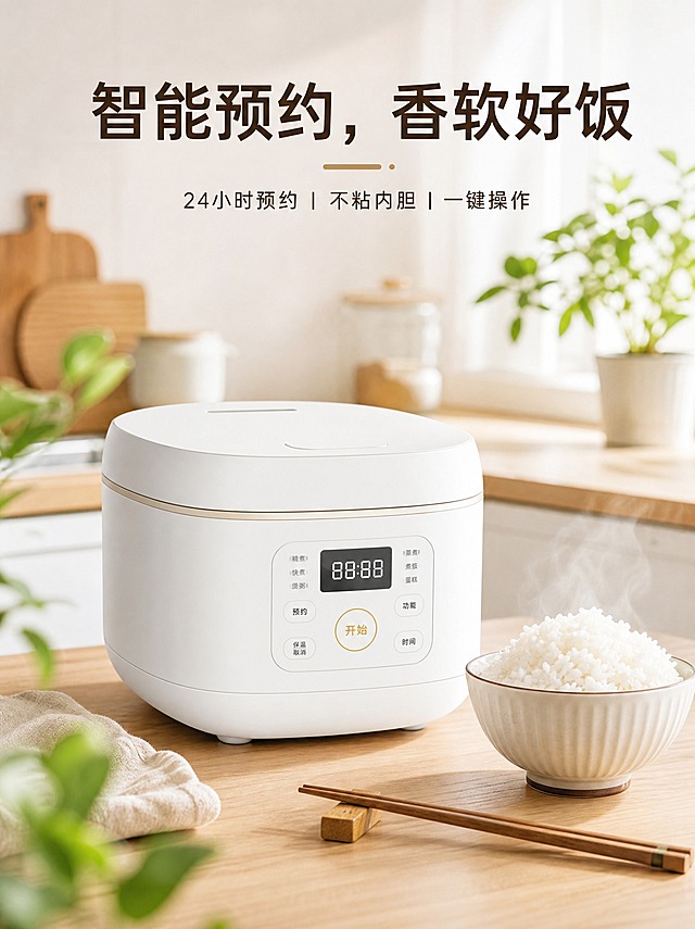 现代简约风格的电饭煲电商海报，主色调为白色和浅木色，营造温馨家庭氛围。画面中央是一台精致的白色电饭煲，电饭煲旁边摆放一碗香喷喷的白米饭和一双筷子，米饭颗粒饱满诱人。背景为明亮整洁的厨房台面，有绿色植物点缀增添生机。海报上方有大字标题文字："智能预约，香软好饭"，下方有小字文字："24小时预约|不粘内胆|一键操作"。整体画面干净清爽、食物诱人，突出产品便捷与美味的特点，商业摄影质感，光线柔和明亮。