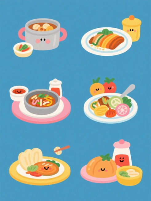 一系列6个不同内容的美食插画集合，保持统一的手绘卡通风格，每个插画都有纯色背景且整体色彩各不相同，元素类目不变，均包含一个主锅/盘装的美食、旁边搭配小份酱料或配菜、以及食材容器，所有插画规整排布在同一画面中，每个美食插画都具有明亮活泼的色彩、平滑的线条、圆润的造型和简洁的细节，呈现出可爱诱人的视觉效果，整体构图平衡且信息传达清晰。预览效果