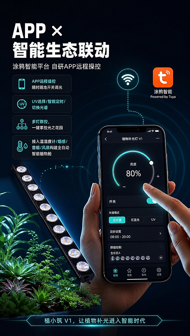 [商品] 使用【图10】黑色长条LED植物补光灯斜视图；保留黑色灯体、圆形透镜灯珠排列、整体造型和材质；增强金属质感与透镜光泽。
[画面] 目标展示APP智能生态联动与手机远程控制。左文右图布局，右侧一只手的食指正在点击手机屏幕，手机屏幕显示补光灯控制APP界面，手机旁悬浮WiFi图标和涂鸦智能APP图标；左侧为补光灯产品与植物光影联动示意。产品占画面40%，手机+手部占35%。背景为深色科技渐变，有微弱的无线信号波纹扩散效果。
[视觉] 套系策略：风格=深色科技感商业详情页；标题字=现代无衬线粗黑体；正文字=简洁无衬线体；主色=深黑蓝；背景延展=基于深黑蓝做渐变层次、信号波纹、微光粒子；强调色=青绿色科技光，仅用于图标、引线、标签和发光效果；标题色=纯白；正文色=浅灰白；组件=圆角深色信息卡、细线发光引线、科技图标；光影=手机屏幕发光照亮手部，产品侧光勾勒轮廓。
[文字] 主标题「APP × 智能生态联动」，副标题「涂鸦智能平台 自研APP远程操控」；4个功能卖点：①APP远程操控，随时随地开关调光 ②UV选择/智能定时/切换光谱 ③多灯群控，一键掌控光之花园 ④接入温湿度计/烟感/音箱/风扇构建全自动智能植物舱。底部Slogan：「植小筑 V1，让植物补光进入智能时代」。文字区左侧布局，不遮挡手机和手部操作。
[规格] 图片比例9:16竖版，4K分辨率，负向提示：避免变形、错字、文字过小、产品颜色改变、结构失真、竖排文字、旋转文字、手部畸形。